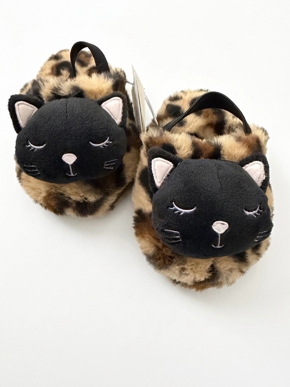 Cat & Jack Leopard Print Cat Slippers - Black and Brown Faux Fur Size 5/6